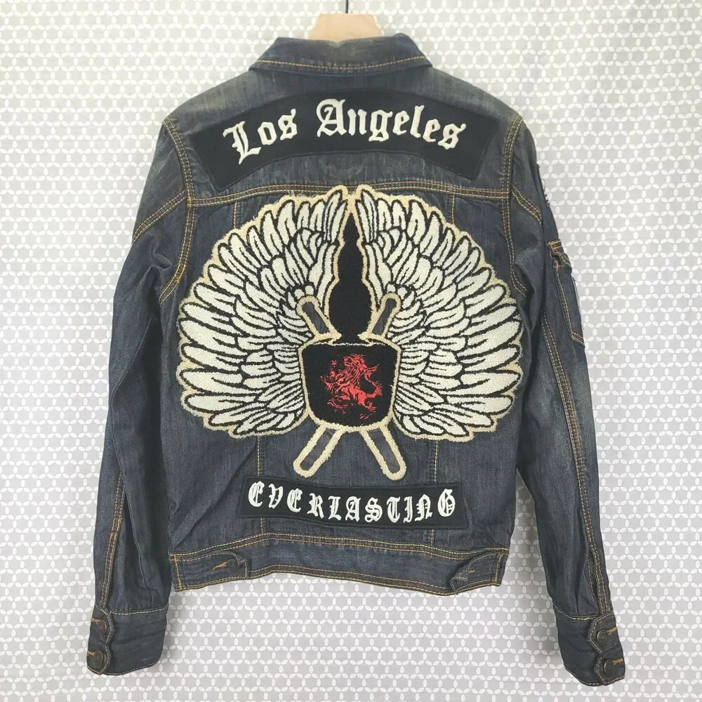 Vintage Y2K Monarchy Los Angeles Denim Jacket Mens Size S/M Grunge Button L/S